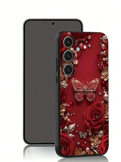 Black Fashion Phone Case Butterfly Element Black Faux Pearl Element Black Butterfly Butterfly Element Shockproof Anti-Slip 1pc Red Rose & Butterfly Faux Pearl Black Phone Case Compatible With Galaxy A