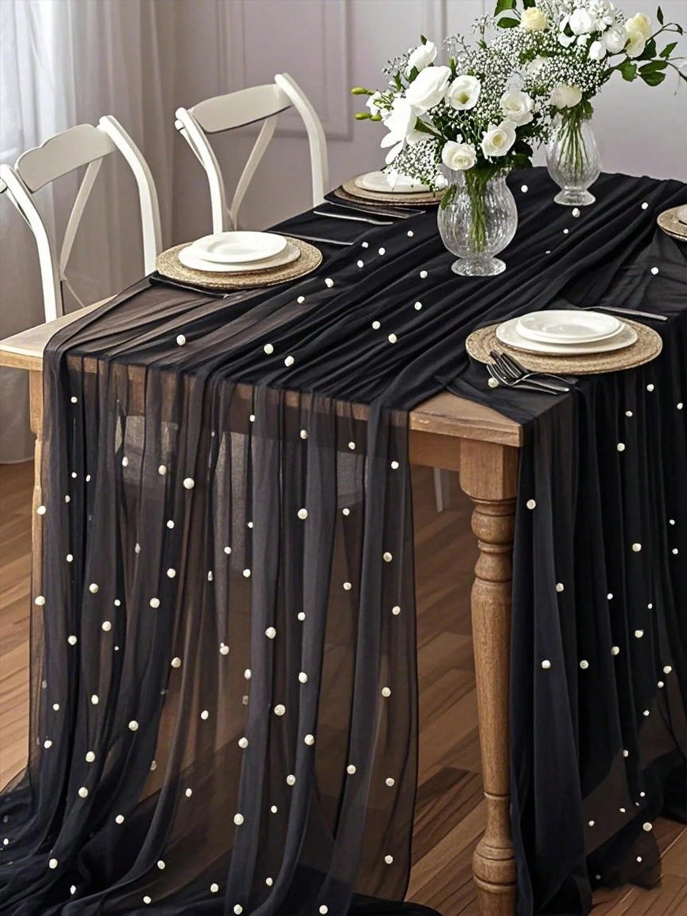 Black Pearl Gauze Tablecloth, Bohemian Country Style Cheesecloth Table Runner, Suitable For Baby Shower, Wedding, Summer Party, Home Decor, Gift