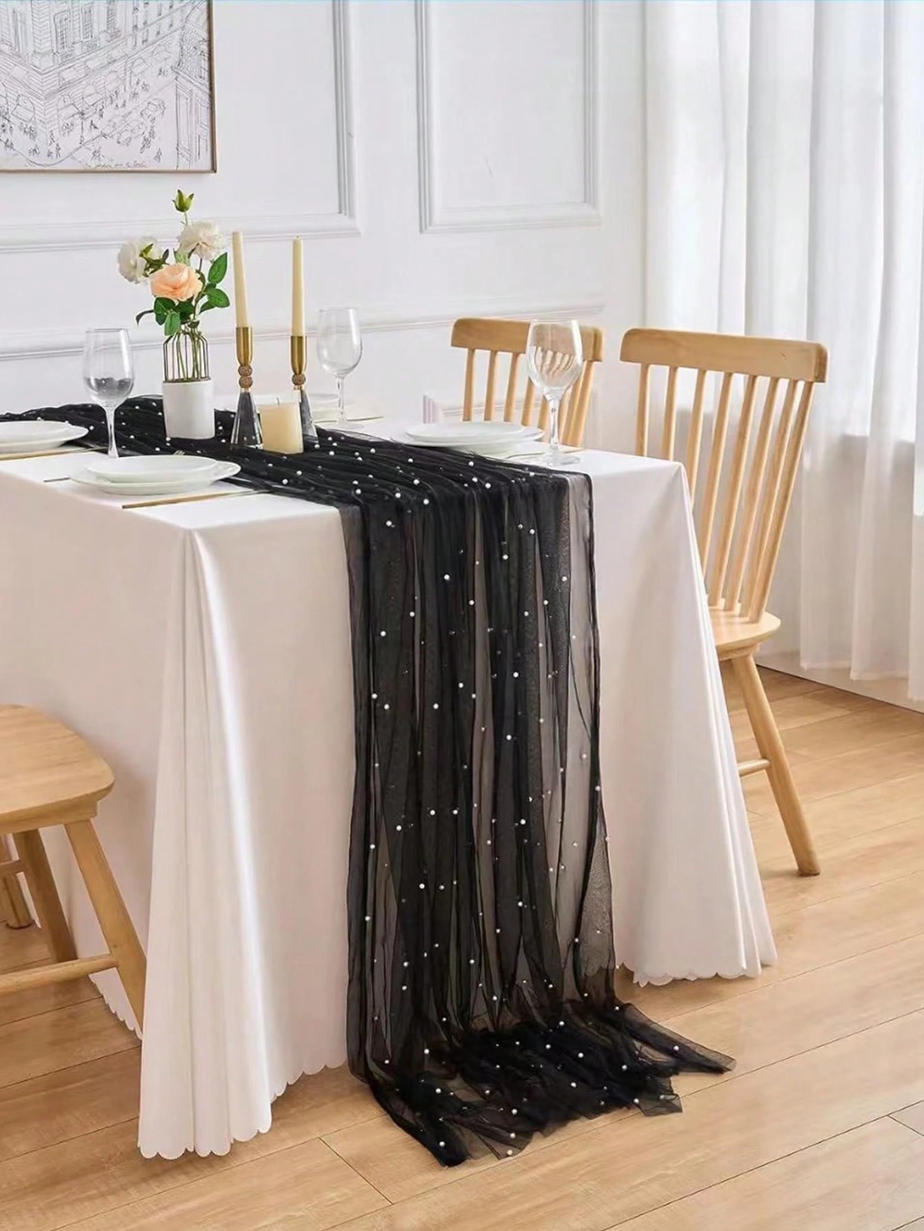 Black Pearl Gauze Tablecloth, Bohemian Country Style Cheesecloth Table Runner, Suitable For Baby Shower, Wedding, Summer Party, Home Decor, Gift