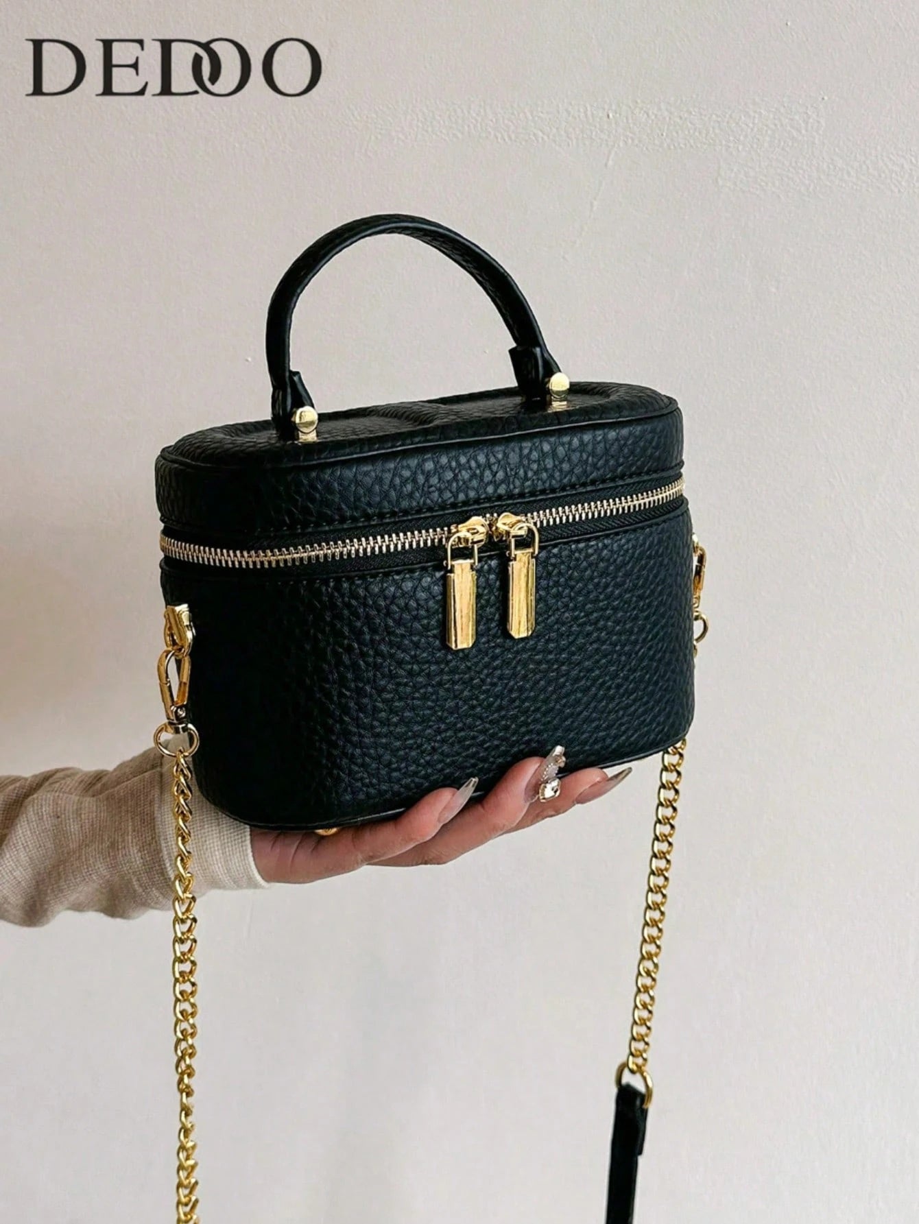 Black Pebble Leather Jewelry Box Bag, Small Vanity Case Top Handle Crossbody Purse, Gold Double Zipper Shoulder Bag For Women, Elegant Mini Handbag