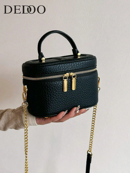 Black Pebble Leather Jewelry Box Bag, Small Vanity Case Top Handle Crossbody Purse, Gold Double Zipper Shoulder Bag For Women, Elegant Mini Handbag