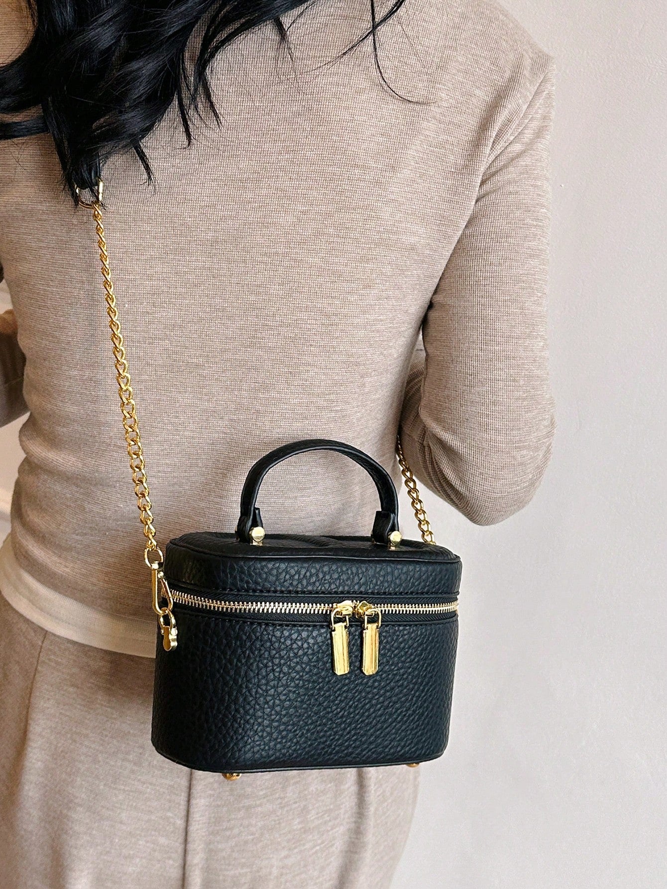 Black Pebble Leather Jewelry Box Bag, Small Vanity Case Top Handle Crossbody Purse, Gold Double Zipper Shoulder Bag For Women, Elegant Mini Handbag