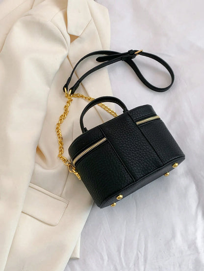Black Pebble Leather Jewelry Box Bag, Small Vanity Case Top Handle Crossbody Purse, Gold Double Zipper Shoulder Bag For Women, Elegant Mini Handbag