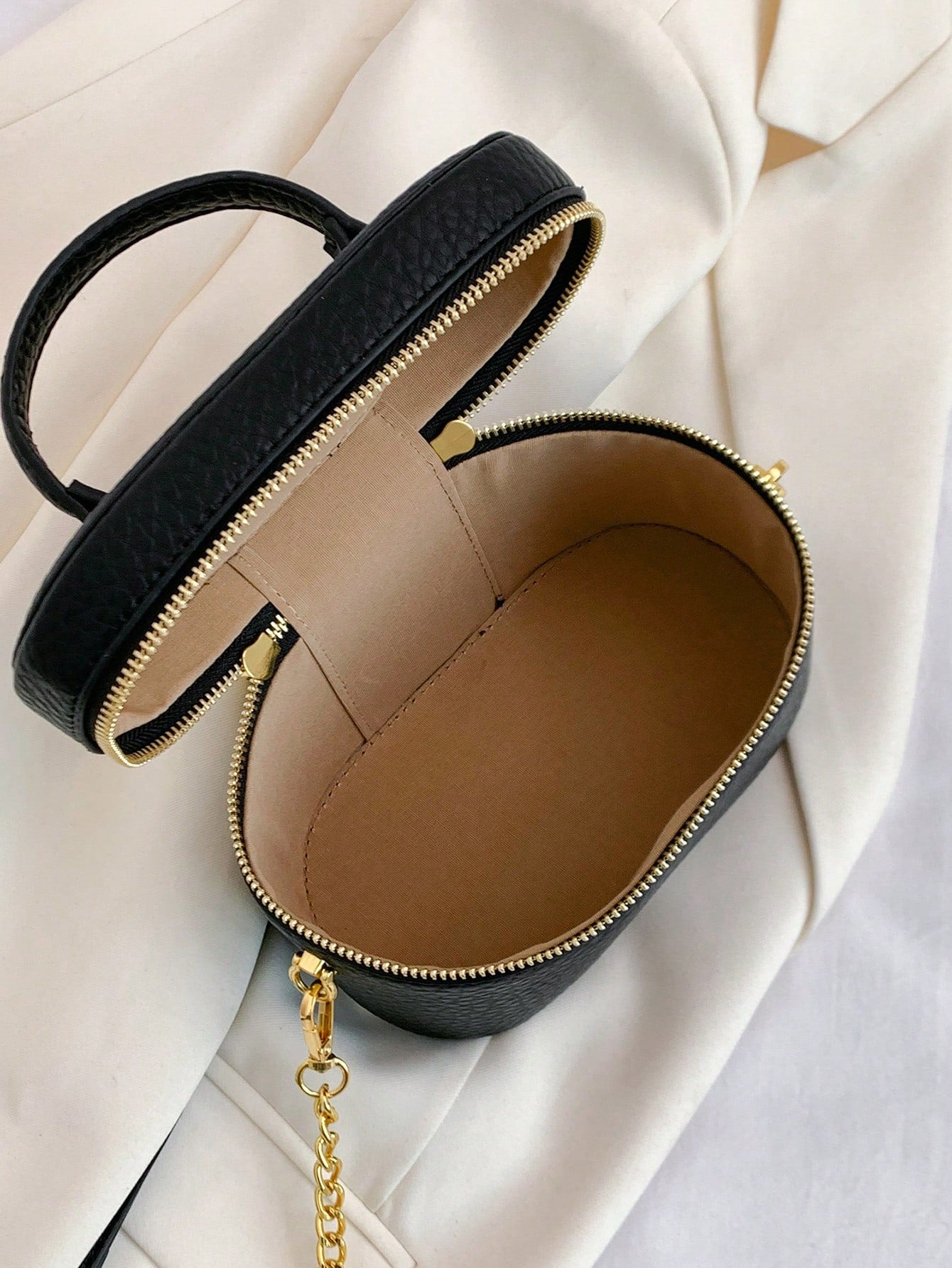 Black Pebble Leather Jewelry Box Bag, Small Vanity Case Top Handle Crossbody Purse, Gold Double Zipper Shoulder Bag For Women, Elegant Mini Handbag