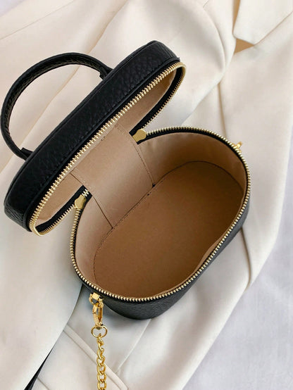 Black Pebble Leather Jewelry Box Bag, Small Vanity Case Top Handle Crossbody Purse, Gold Double Zipper Shoulder Bag For Women, Elegant Mini Handbag