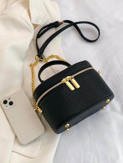Black Pebble Leather Jewelry Box Bag, Small Vanity Case Top Handle Crossbody Purse, Gold Double Zipper Shoulder Bag For Women, Elegant Mini Handbag