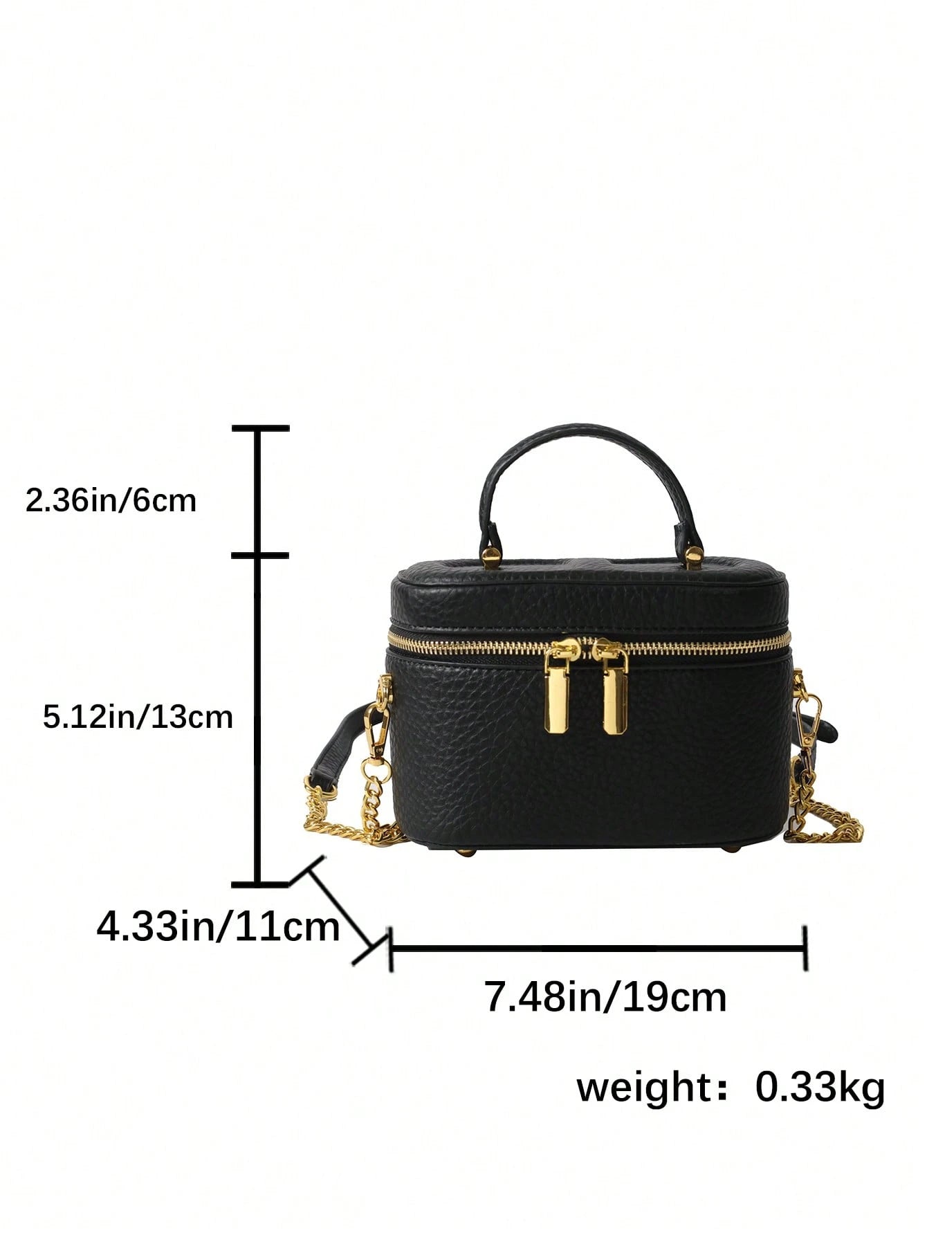 Black Pebble Leather Jewelry Box Bag, Small Vanity Case Top Handle Crossbody Purse, Gold Double Zipper Shoulder Bag For Women, Elegant Mini Handbag