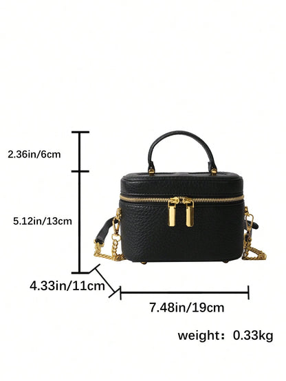 Black Pebble Leather Jewelry Box Bag, Small Vanity Case Top Handle Crossbody Purse, Gold Double Zipper Shoulder Bag For Women, Elegant Mini Handbag