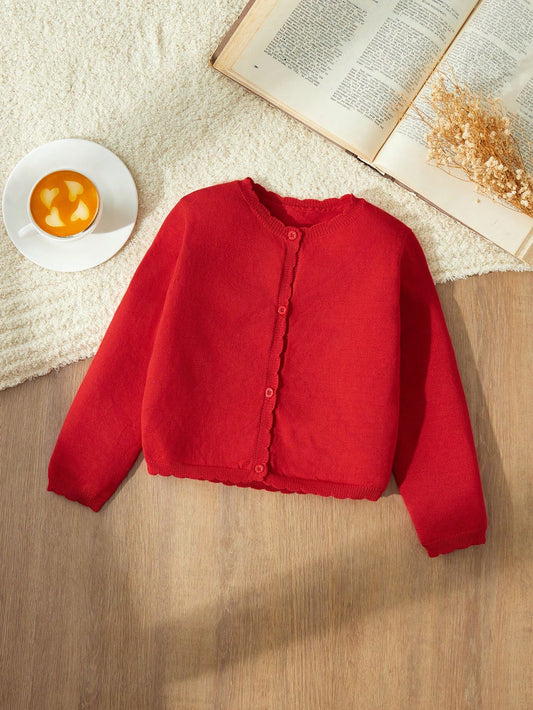 Blossori Young Girl Fitted Red Round Neck Cardigan, Autumn/Winter