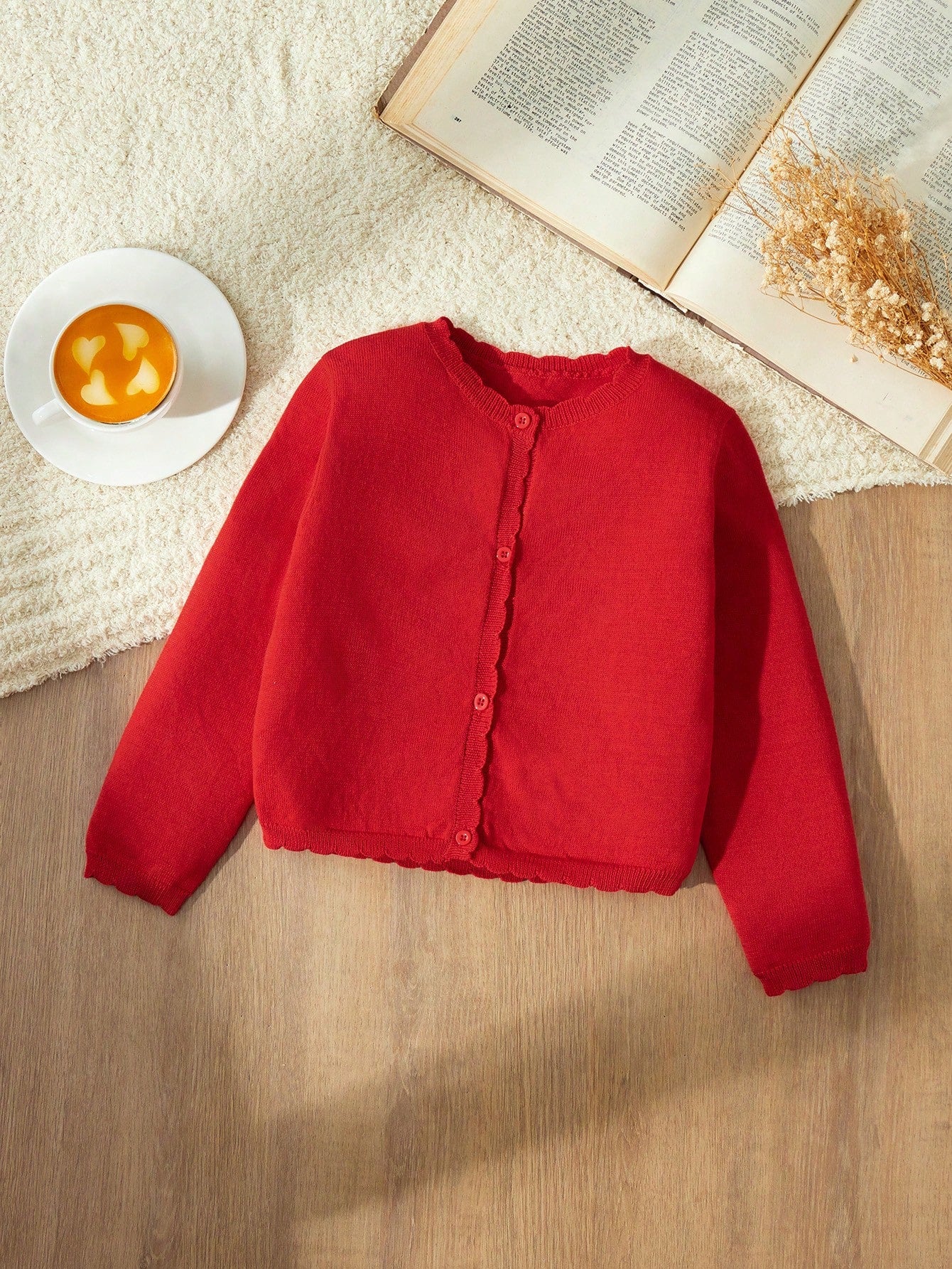 Blossori Young Girls Cardigans Autumn/Winter Red Fitted Round Neck Sweater Jacket