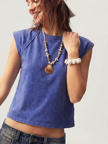 Bohemela Solid Color Knit Crew Neck Fitted Washed T-Shirt For Women,Summer Top