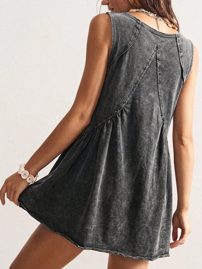 Bohemela Women's Denim Effect Print Rivet Pleated Sexy Dress