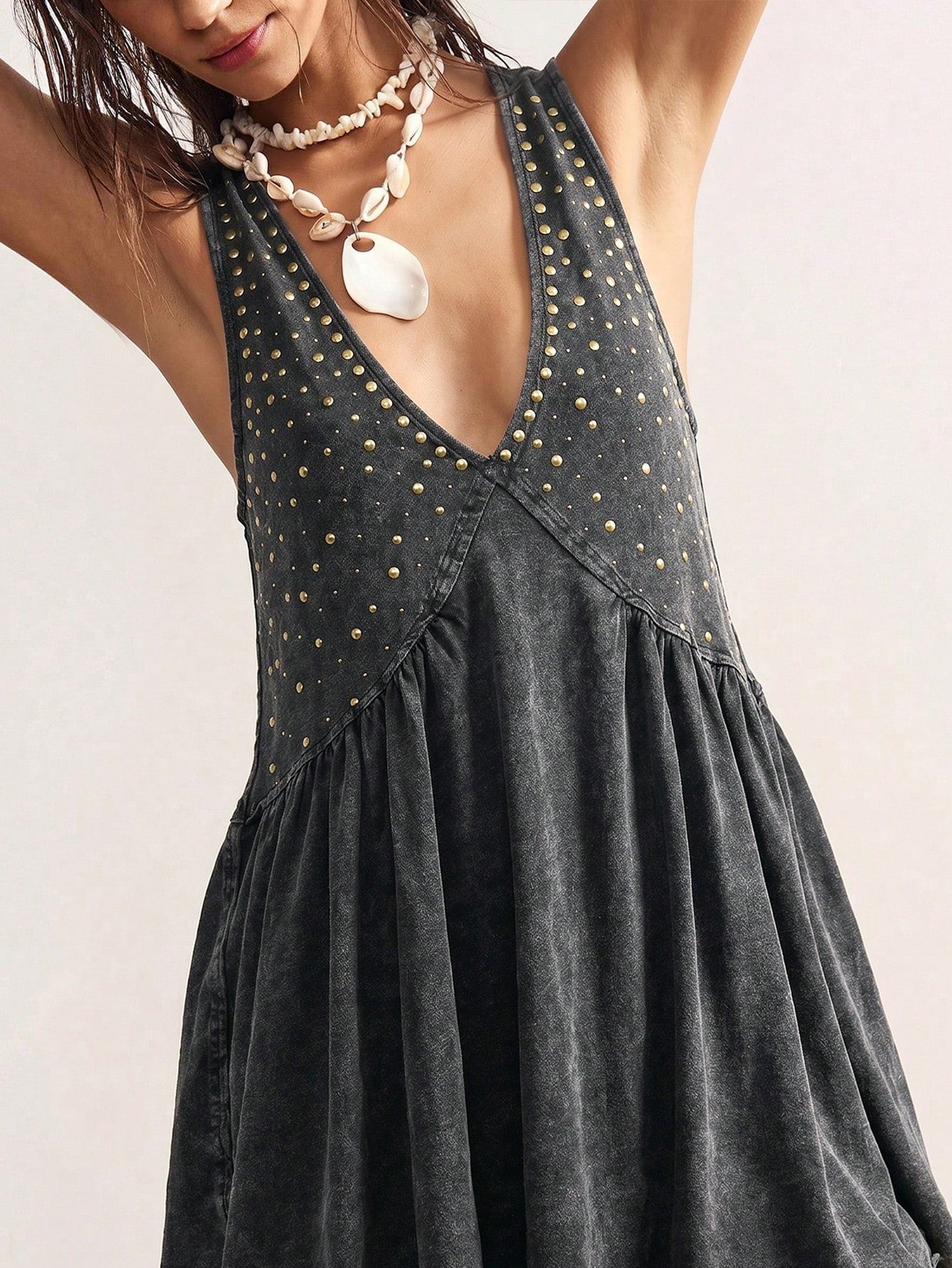 Bohemela Women's Denim Effect Print Rivet Pleated Sexy Dress
