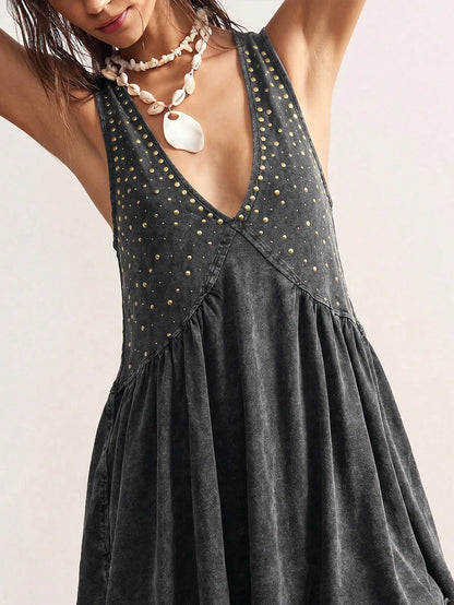 Bohemela Women's Denim Effect Print Rivet Pleated Sexy Dress