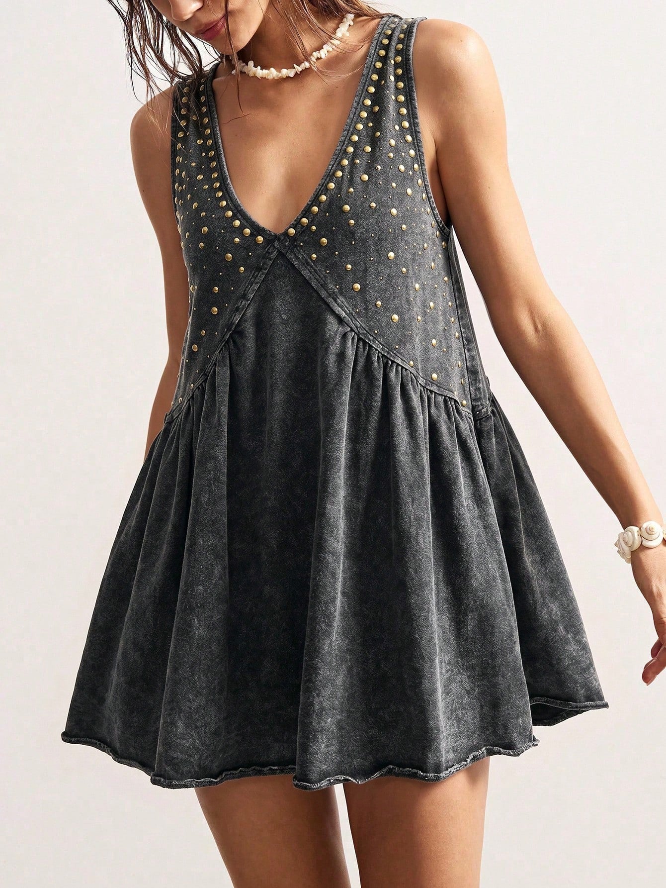 Bohemela Women's Denim Effect Print Rivet Pleated Sexy Dress