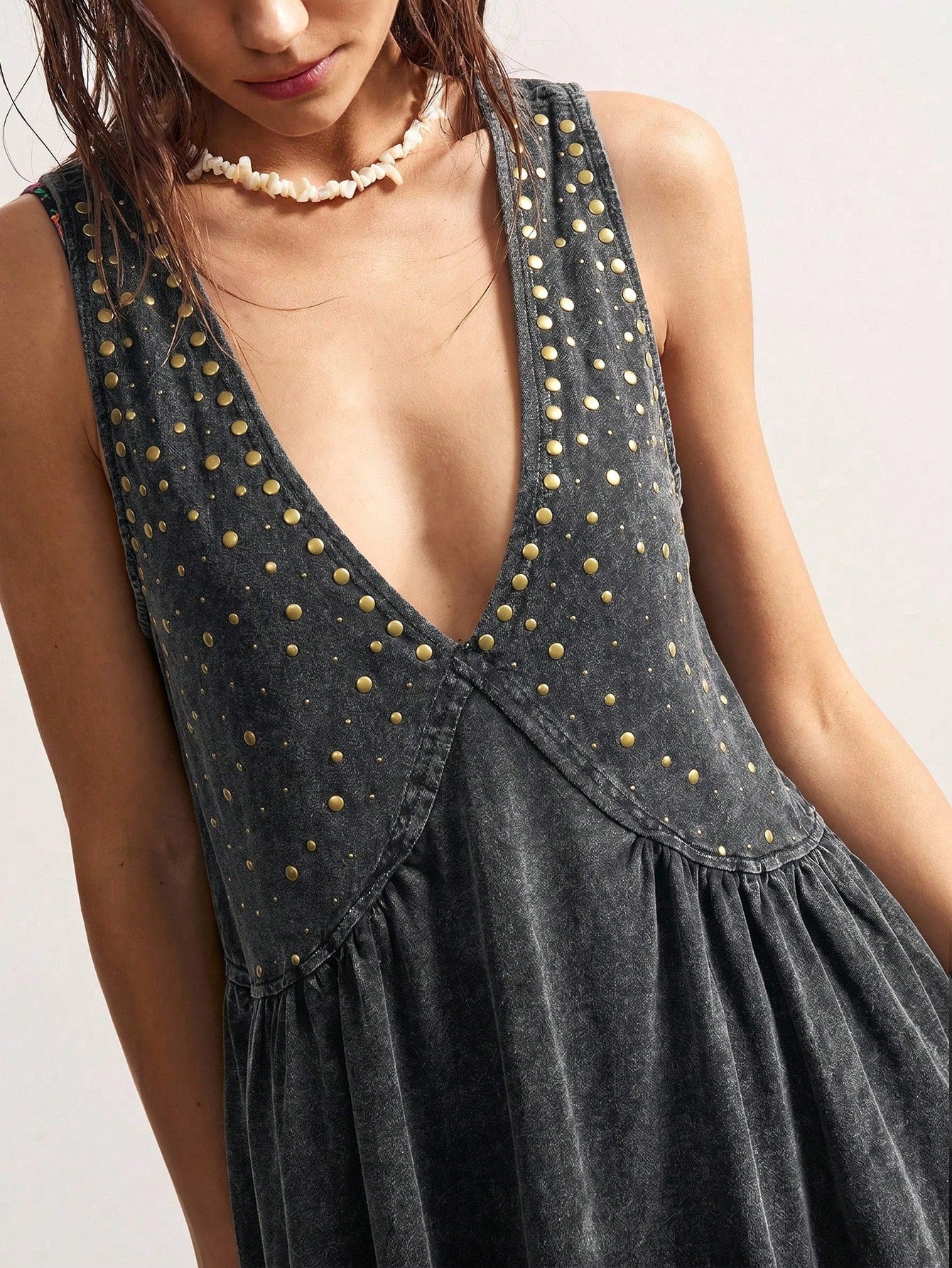 Bohemela Women's Denim Effect Print Rivet Pleated Sexy Dress