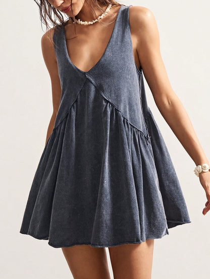 Bohemela Women's Denim Effect Print Rivet Pleated Sexy Dress