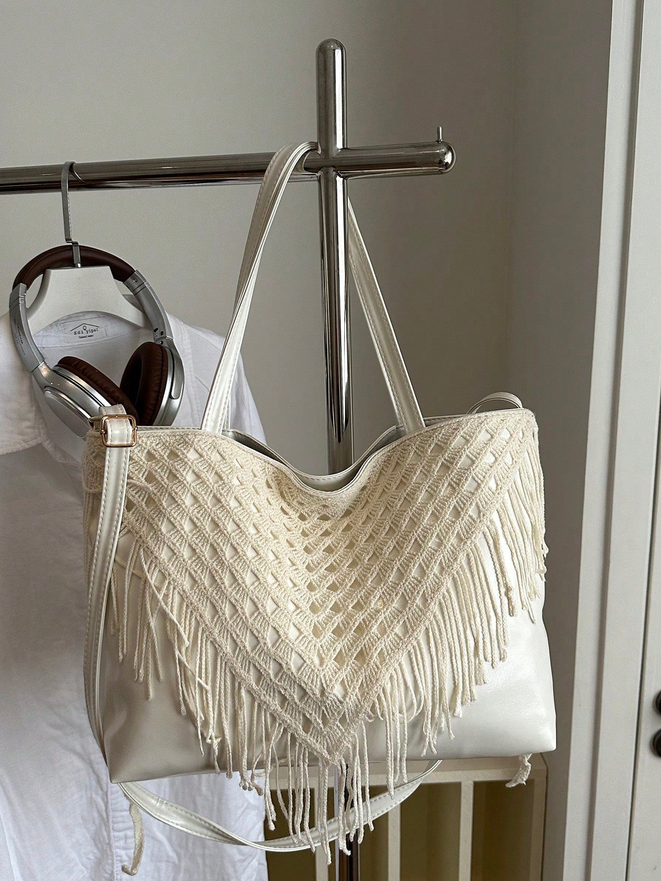 Bohemian Hollow Woven Tassel Tote Bag For Women, Large Capacity Handbag, Versatile Shoulder Crossbody Commuter Bag