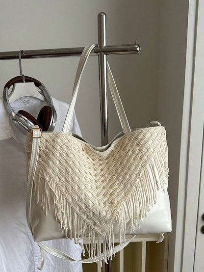 Bohemian Hollow Woven Tassel Tote Bag For Women, Large Capacity Handbag, Versatile Shoulder Crossbody Commuter Bag