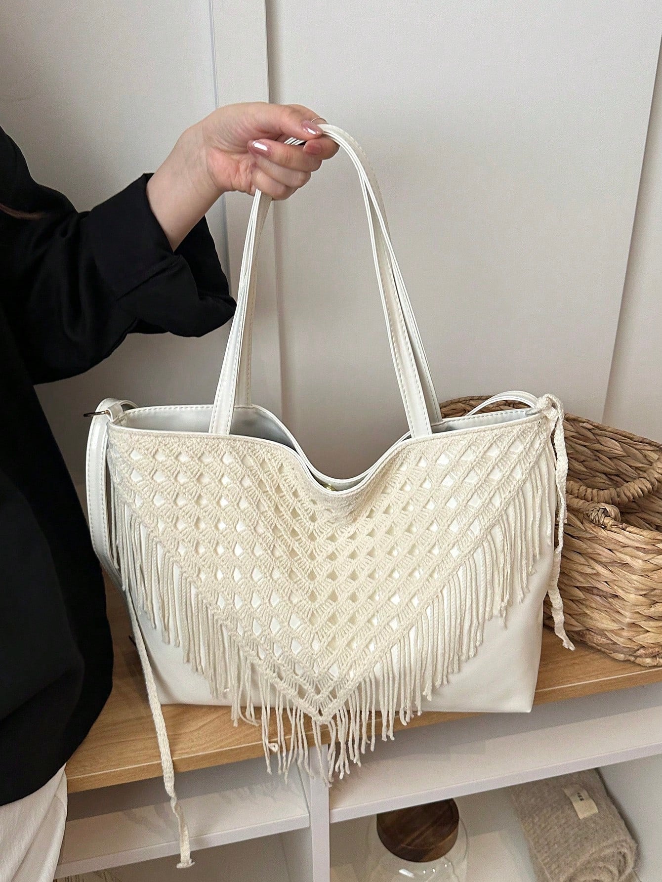 Bohemian Hollow Woven Tassel Tote Bag For Women, Large Capacity Handbag, Versatile Shoulder Crossbody Commuter Bag