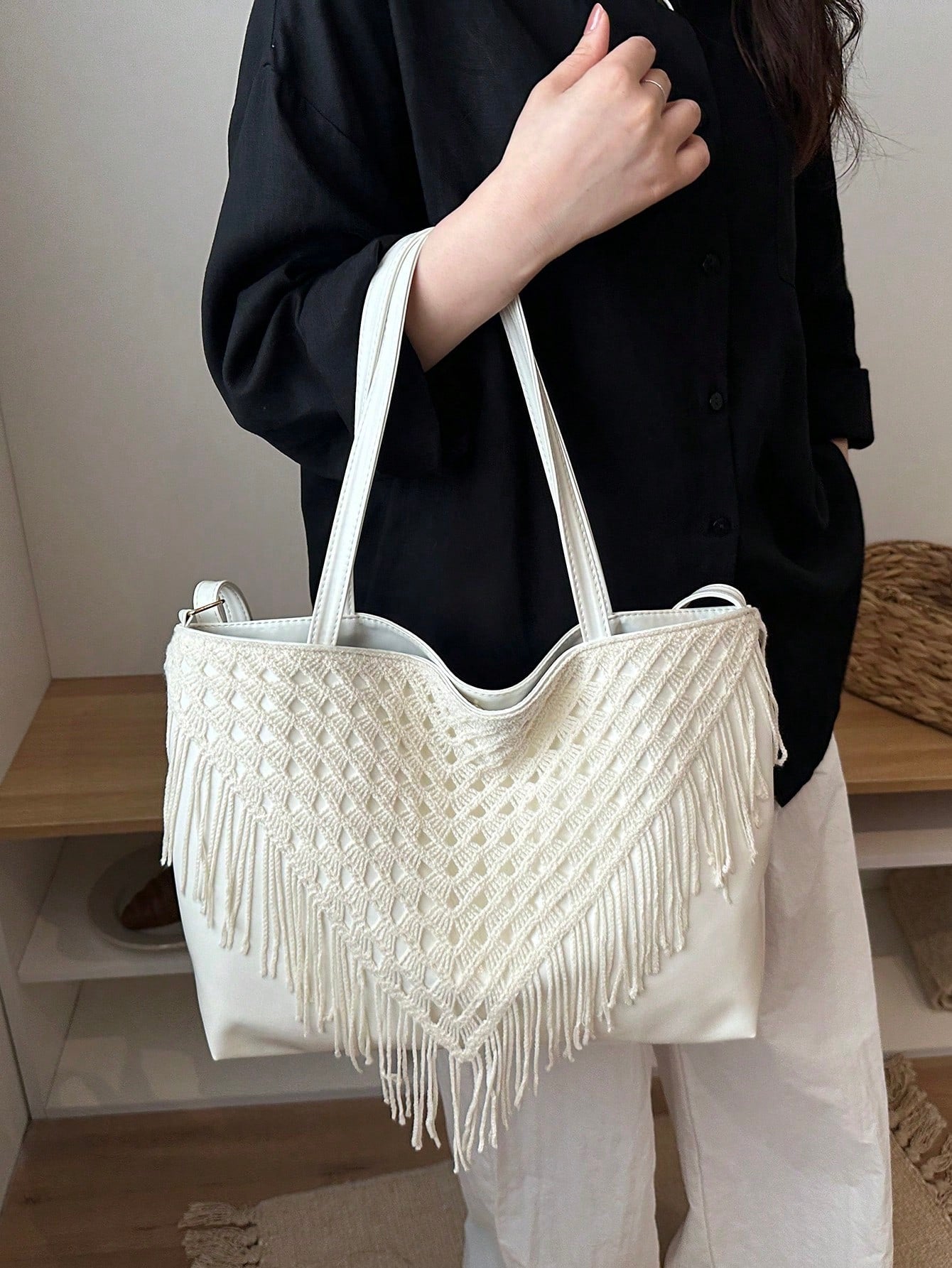 Bohemian Hollow Woven Tassel Tote Bag For Women, Large Capacity Handbag, Versatile Shoulder Crossbody Commuter Bag