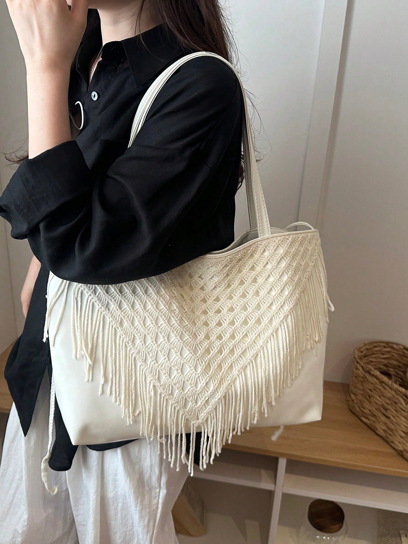 Bohemian Hollow Woven Tassel Tote Bag For Women, Large Capacity Handbag, Versatile Shoulder Crossbody Commuter Bag