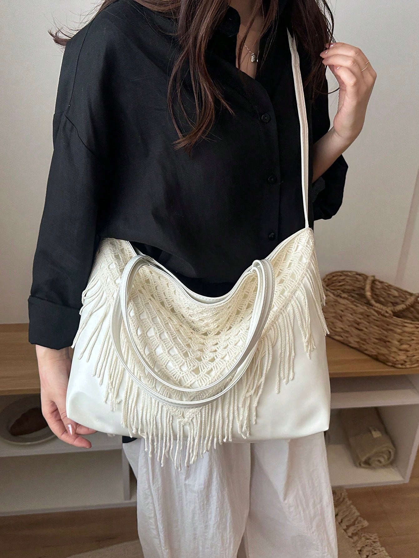 Bohemian Hollow Woven Tassel Tote Bag For Women, Large Capacity Handbag, Versatile Shoulder Crossbody Commuter Bag