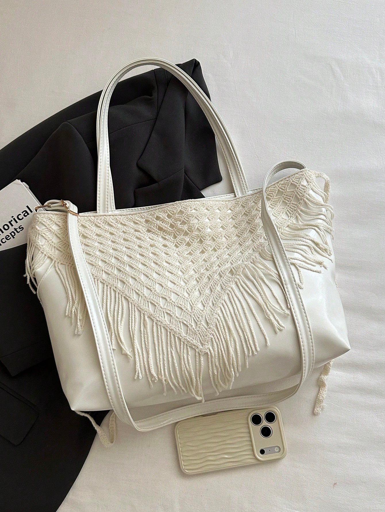 Bohemian Hollow Woven Tassel Tote Bag For Women, Large Capacity Handbag, Versatile Shoulder Crossbody Commuter Bag