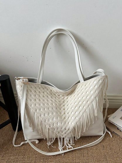 Bohemian Hollow Woven Tassel Tote Bag For Women, Large Capacity Handbag, Versatile Shoulder Crossbody Commuter Bag