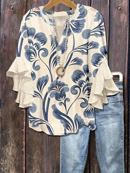 Bohemian Style Vintage Floral Print Blouse, Half-Open Collar Loose Flattering Multi-Layered Ruffle Sleeve Plus Size Women Shirt Vacation Summer, Boho Chic