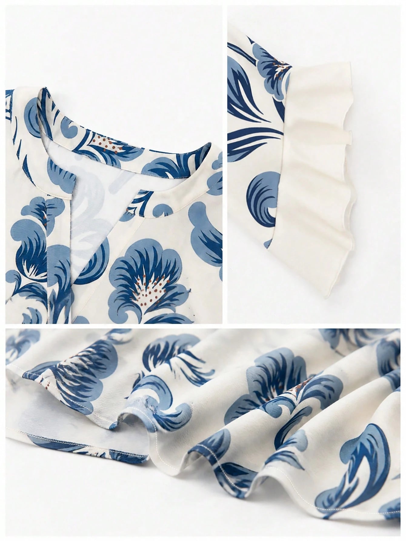 Bohemian Style Vintage Floral Print Blouse, Half-Open Collar Loose Flattering Multi-Layered Ruffle Sleeve Plus Size Women Shirt Vacation Summer, Boho Chic
