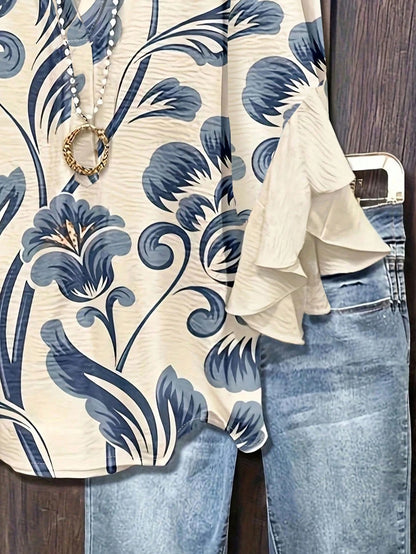 Bohemian Style Vintage Floral Print Blouse, Half-Open Collar Loose Flattering Multi-Layered Ruffle Sleeve Plus Size Women Shirt Vacation Summer, Boho Chic