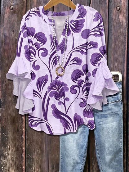 Bohemian Style Vintage Floral Print Blouse, Half-Open Collar Loose Flattering Multi-Layered Ruffle Sleeve Plus Size Women Shirt Vacation Summer, Boho Chic