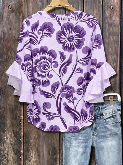 Bohemian Style Vintage Floral Print Blouse, Half-Open Collar Loose Flattering Multi-Layered Ruffle Sleeve Plus Size Women Shirt Vacation Summer, Boho Chic