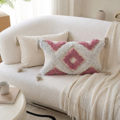 Boho Style Pink Quilted Geometric Throw Pillow Cover, Decorative Cushion Cover For Sofa, Bedroom & Living Room, Pillow Insert Not Included