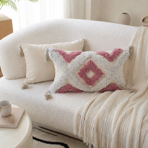 Boho Style Pink Quilted Geometric Throw Pillow Cover, Decorative Cushion Cover For Sofa, Bedroom & Living Room, Pillow Insert Not Included