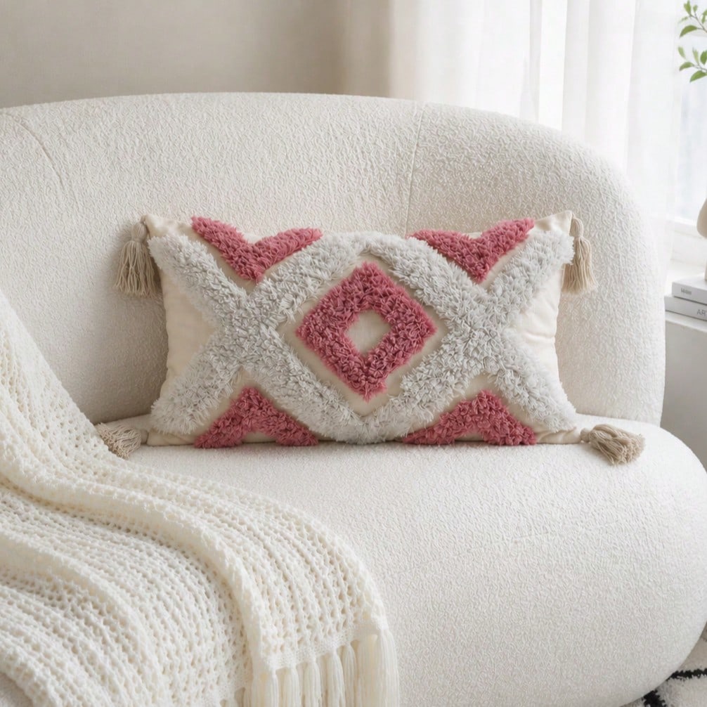 Boho Style Pink Quilted Geometric Throw Pillow Cover, Decorative Cushion Cover For Sofa, Bedroom & Living Room, Pillow Insert Not Included