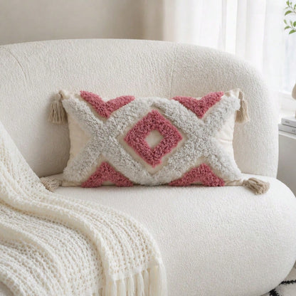 Boho Style Pink Quilted Geometric Throw Pillow Cover, Decorative Cushion Cover For Sofa, Bedroom & Living Room, Pillow Insert Not Included