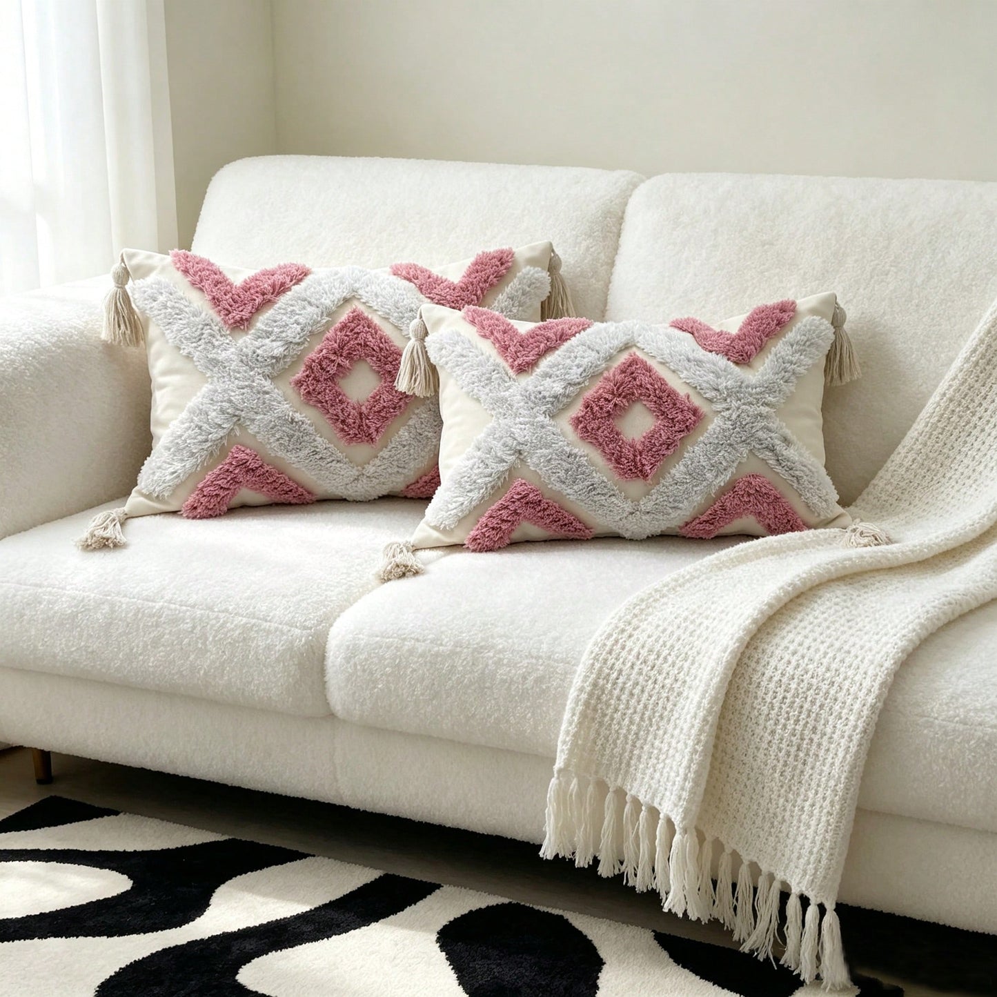 Boho Style Pink Quilted Geometric Throw Pillow Cover, Decorative Cushion Cover For Sofa, Bedroom & Living Room, Pillow Insert Not Included