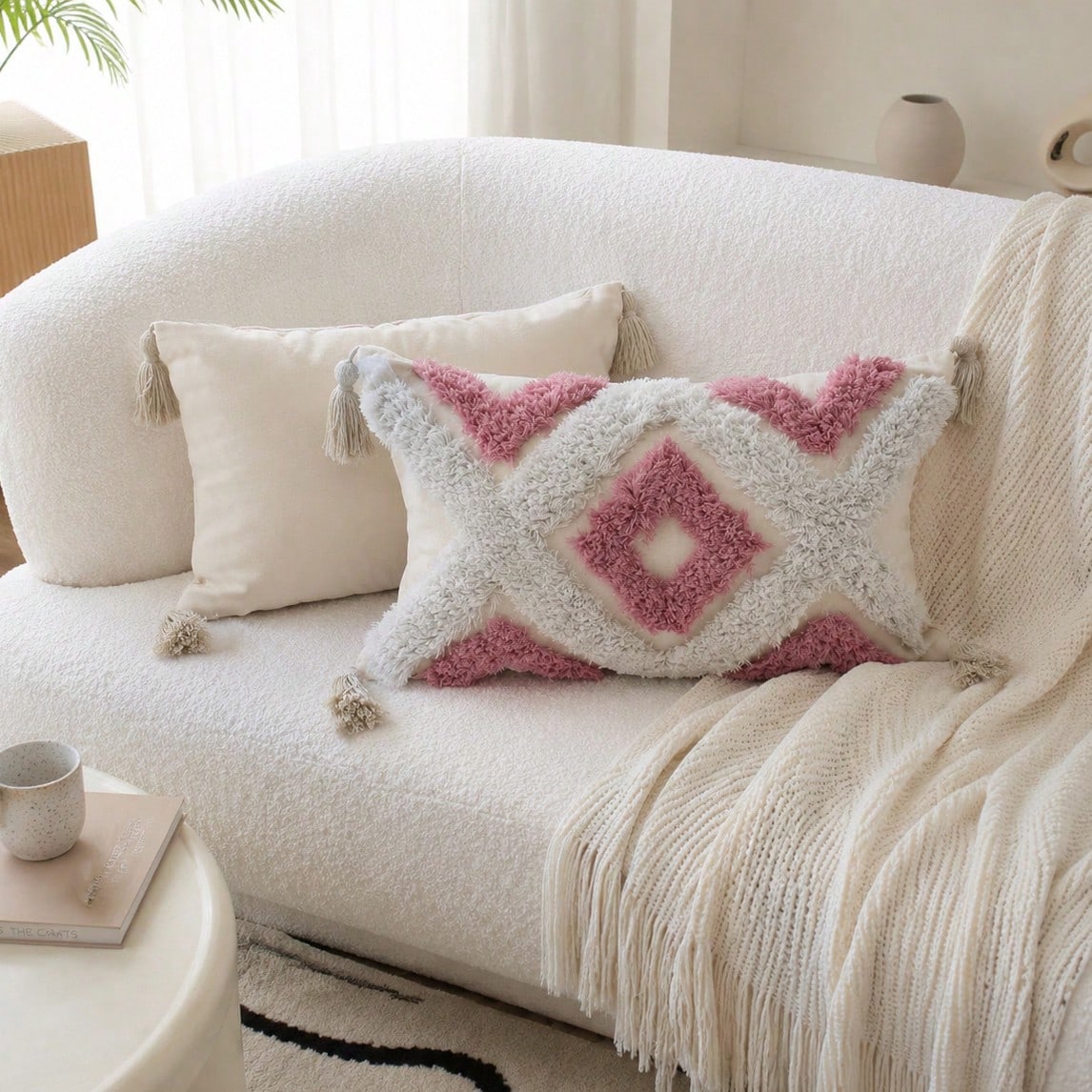Boho Style Pink Quilted Geometric Throw Pillow Cover, Decorative Cushion Cover For Sofa, Bedroom & Living Room, Pillow Insert Not Included
