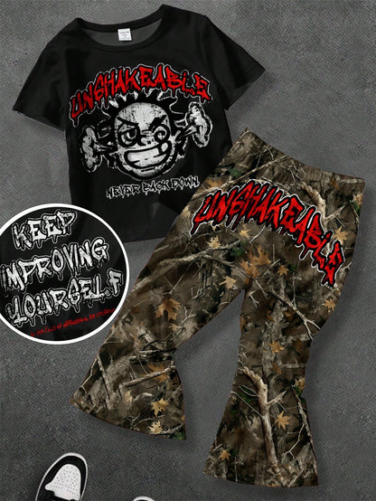 Bolty Baby Boy Casual Racing Cartoon Skull Print Short Sleeve Flare Pants Knit 2 Pieces Set, Suitable For Summer Holiday All Black Brown