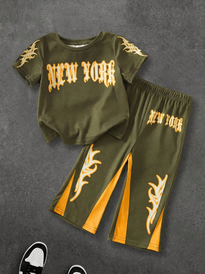 Bolty Baby Boy Casual Racing Cartoon Skull Print Short Sleeve Flare Pants Knit 2 Pieces Set, Suitable For Summer Holiday All Black Brown