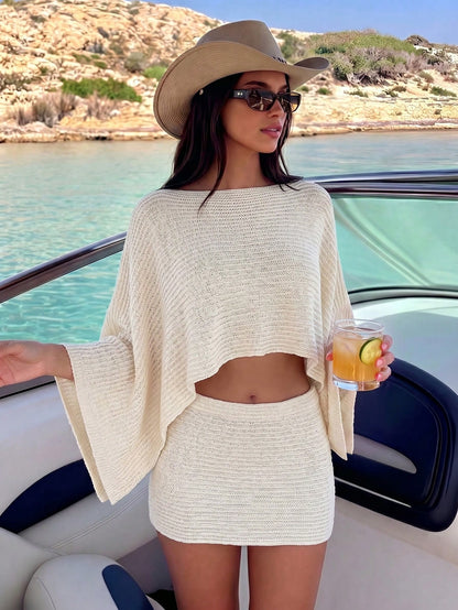 Bonvoyette Swim Chiccia Summer Women's 2-Piece Y2K Sexy Oversized Off-Shoulder Long Sleeve Top And Fitted Low-Waist Mini Skirt, New Cross-Border Elegant Bohemian Vintage Striped Batwing Sleeve Crop To