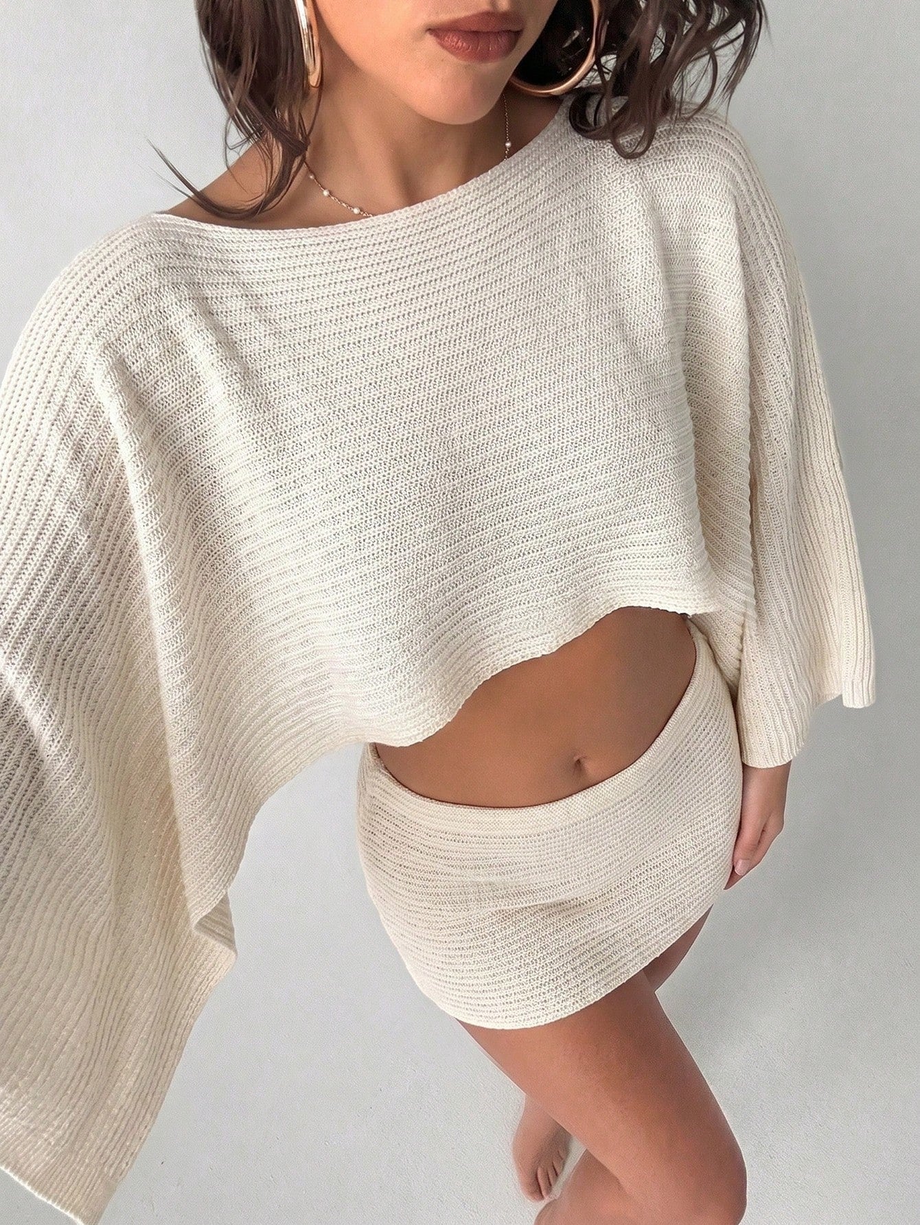 Bonvoyette Swim Chiccia Summer Women's 2-Piece Y2K Sexy Oversized Off-Shoulder Long Sleeve Top And Fitted Low-Waist Mini Skirt, New Cross-Border Elegant Bohemian Vintage Striped Batwing Sleeve Crop To