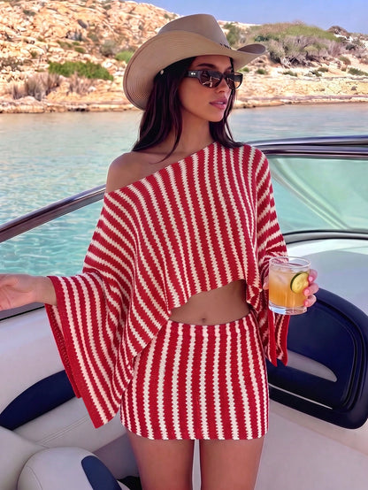 Bonvoyette Swim Chiccia Summer Women's 2-Piece Y2K Sexy Oversized Off-Shoulder Long Sleeve Top And Fitted Low-Waist Mini Skirt, New Cross-Border Elegant Bohemian Vintage Striped Batwing Sleeve Crop To