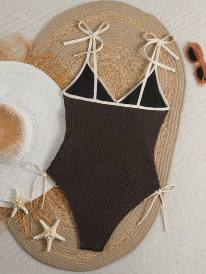 Bonvoyette Textured V-Neck One-Piece Swimsuit For Women, New Arrival, Tie-Up Design Slimming Flattering, Suitable For Spa Holiday Beach Chocolate Brown Sexy