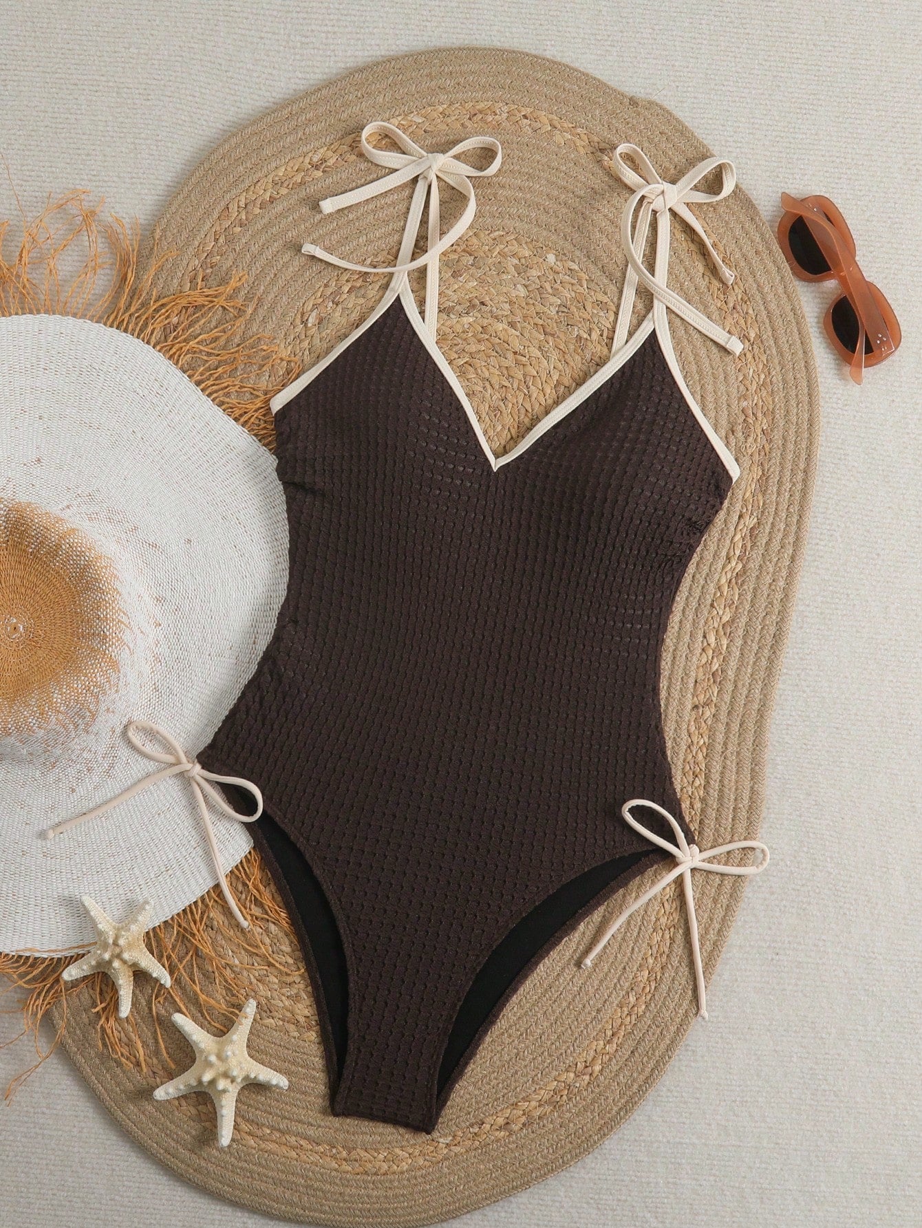 Bonvoyette Textured V-Neck One-Piece Swimsuit For Women, New Arrival, Tie-Up Design Slimming Flattering, Suitable For Spa Holiday Beach Chocolate Brown Sexy