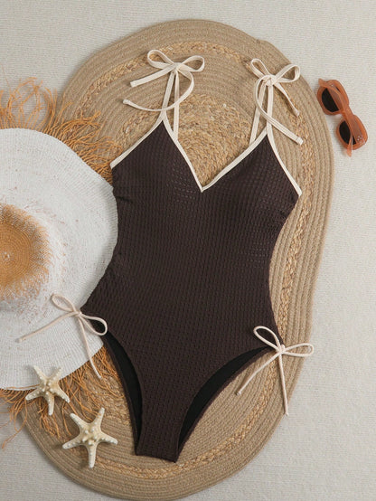 Bonvoyette Textured V-Neck One-Piece Swimsuit For Women, New Arrival, Tie-Up Design Slimming Flattering, Suitable For Spa Holiday Beach Chocolate Brown Sexy