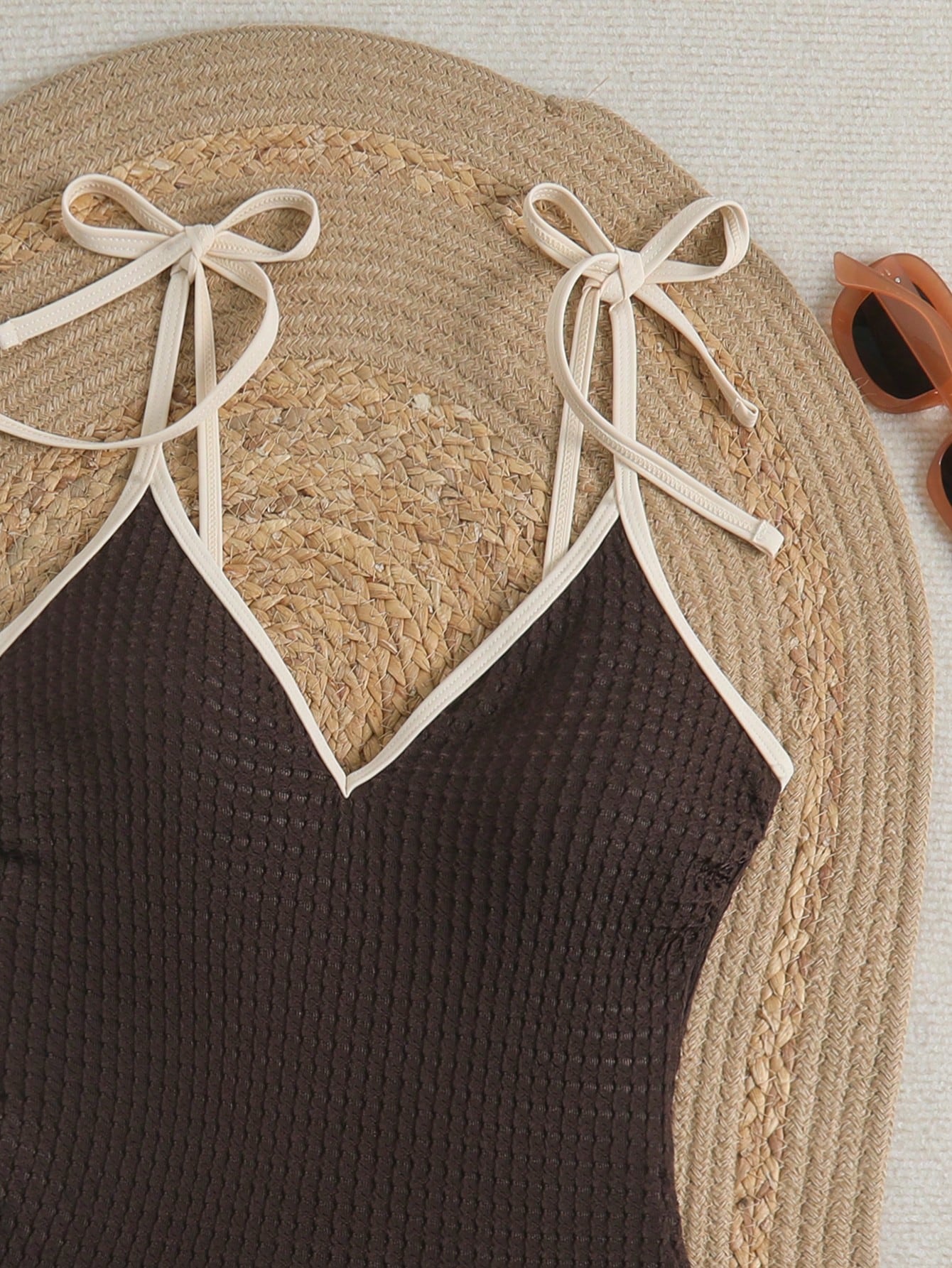 Bonvoyette Textured V-Neck One-Piece Swimsuit For Women, New Arrival, Tie-Up Design Slimming Flattering, Suitable For Spa Holiday Beach Chocolate Brown Sexy