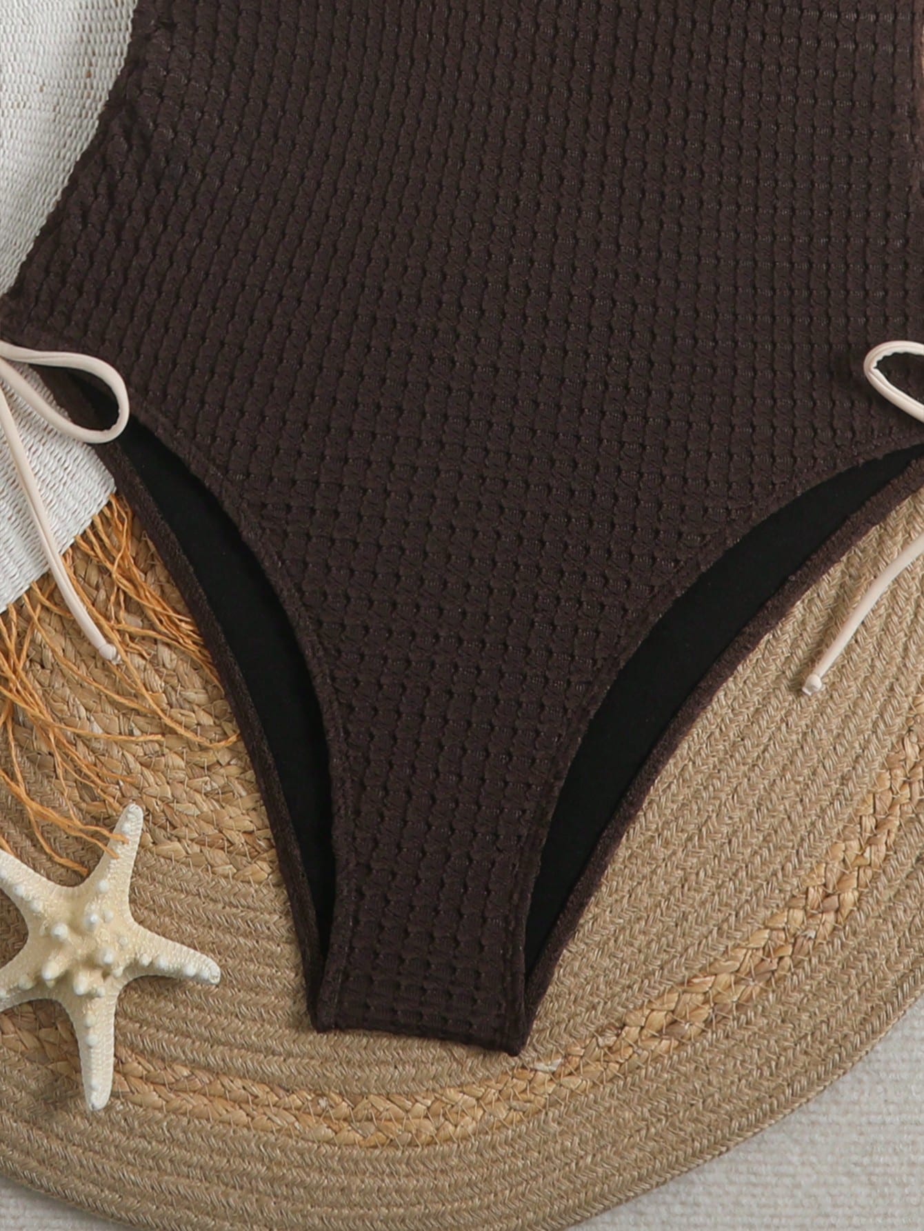 Bonvoyette Textured V-Neck One-Piece Swimsuit For Women, New Arrival, Tie-Up Design Slimming Flattering, Suitable For Spa Holiday Beach Chocolate Brown Sexy